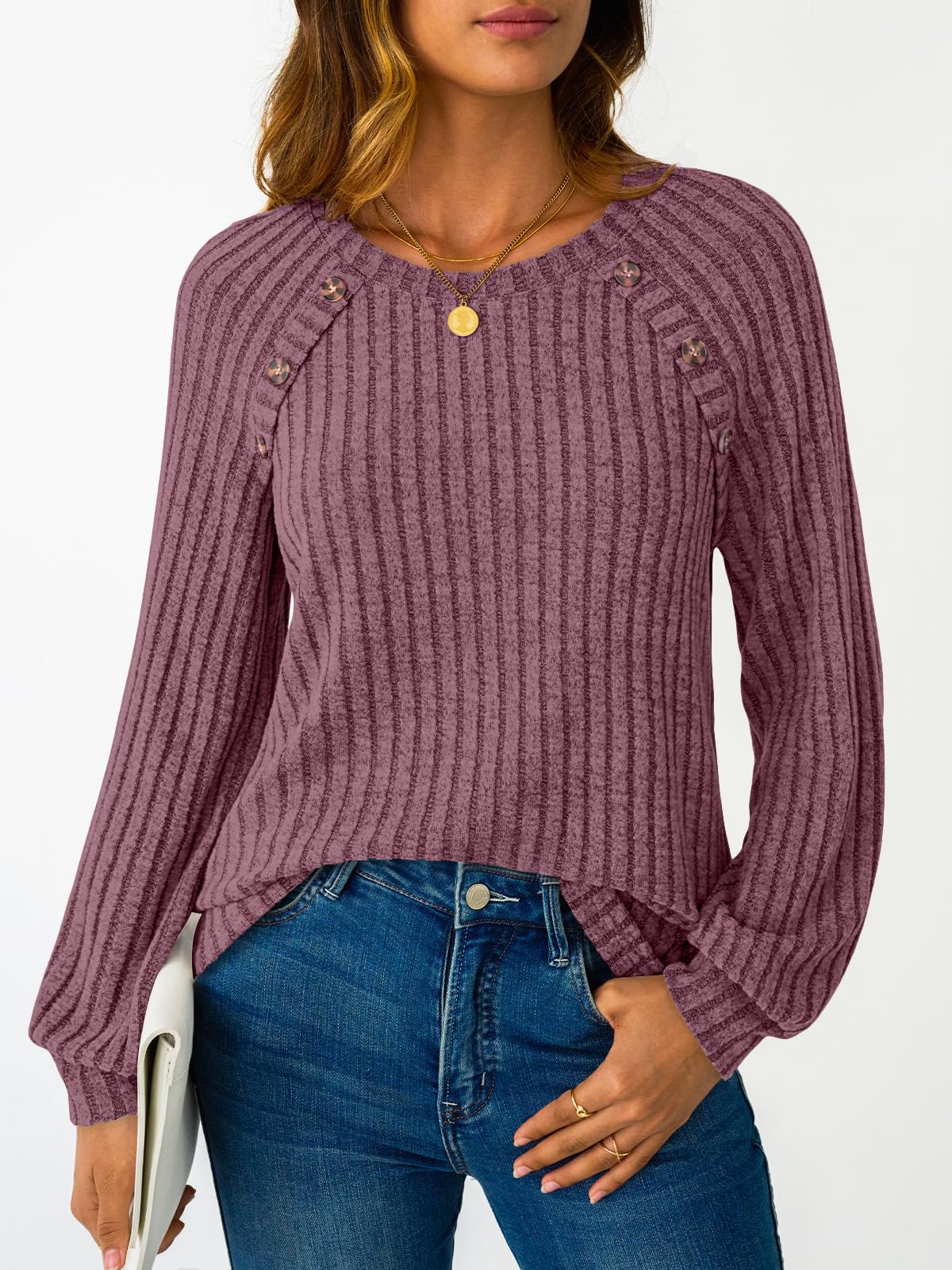 Women's Long Sleeve Tops - Fall Lightweight Sweaters with Shoulder Buttons