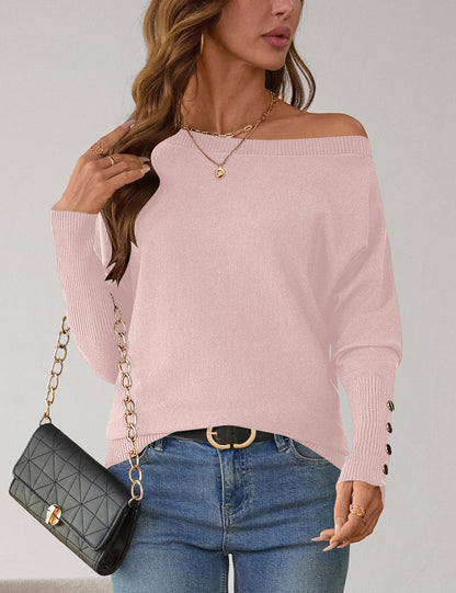 Women's Off The Shoulder Sweater - Oversized Knit Batwing Sleeve Pullover