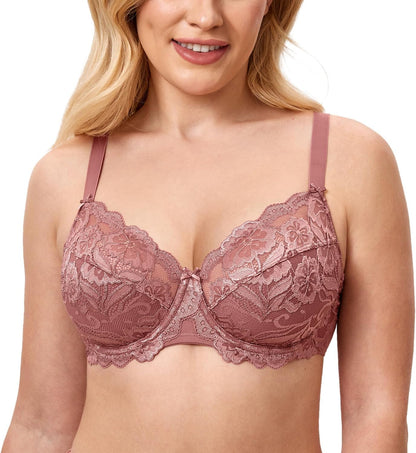 Plus Size Full Coverage Bra - Lace Underwire Unlined Bra Up to J Cup Vintage Rose