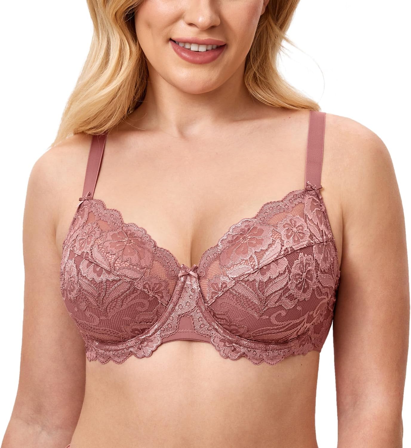 Plus Size Full Coverage Bra - Lace Underwire Unlined Bra Up to J Cup Vintage Rose