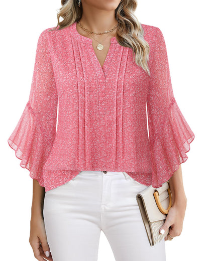 Beautiful Blouses For Ladies - Women's 3/4 Sleeve Chiffon Blouse Dressy Business Casual Work Shirt Pink