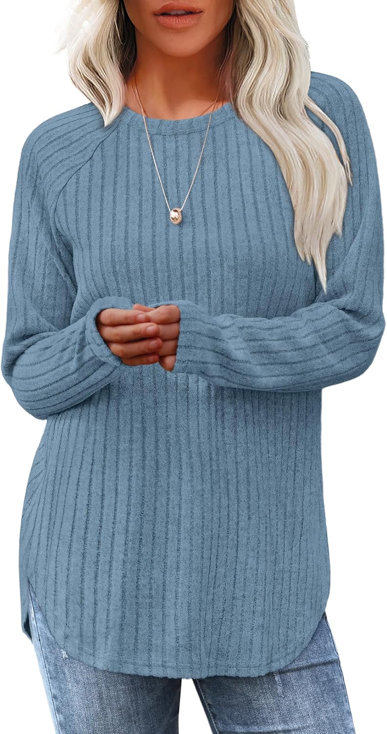 Women's Long Sleeve Tunic Tops - Loose Fit Crewneck Pullover with Curved Hem Large Steelblue