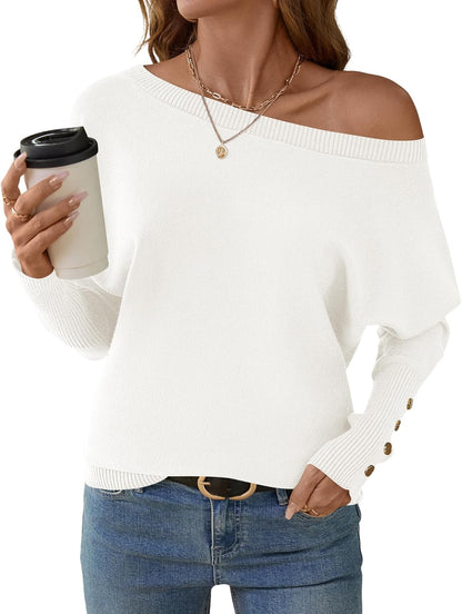 Women's Off The Shoulder Sweater - Oversized Knit Batwing Sleeve Pullover X-Large White