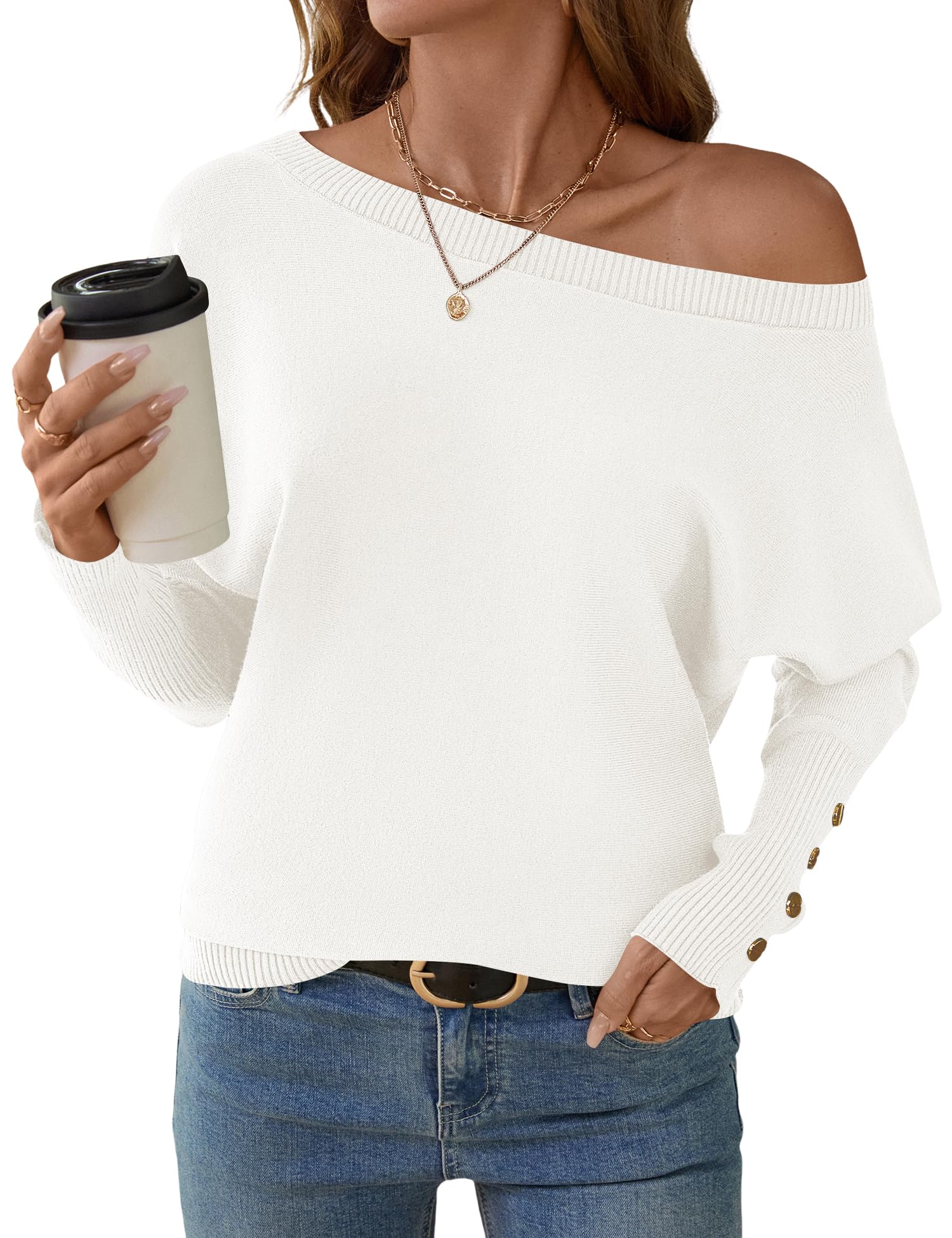 Women's Off The Shoulder Sweater - Oversized Knit Batwing Sleeve Pullover