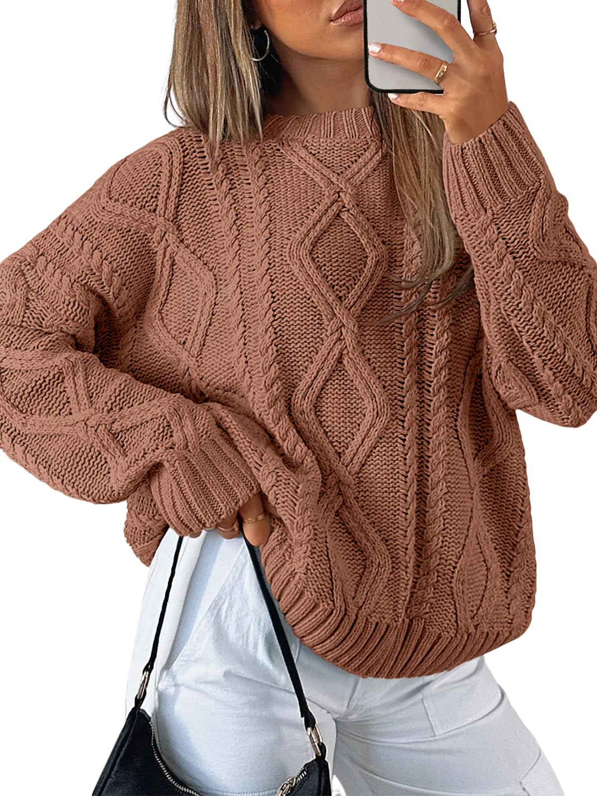 Women's Oversized Cable Knit Crewneck Sweaters - Cozy Fall Pullover