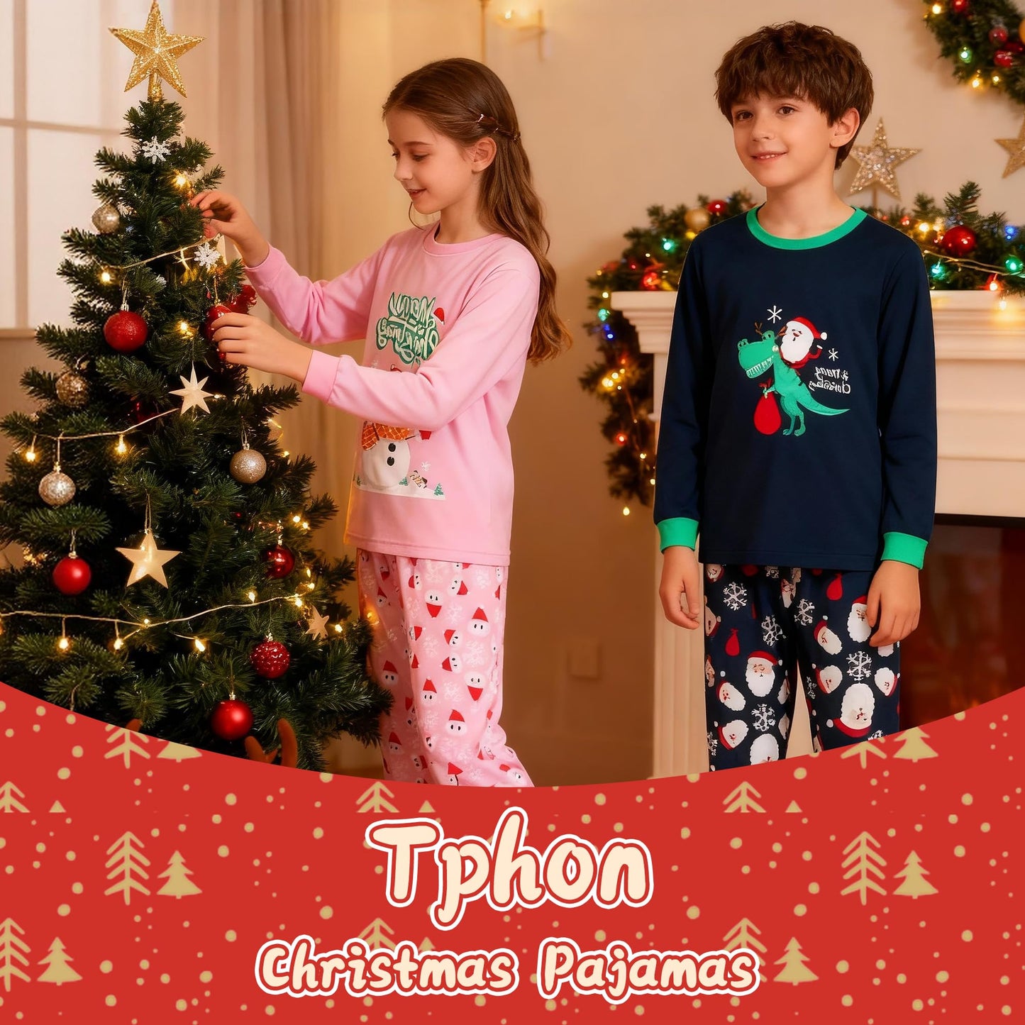 Tphon Kids Christmas Pajamas Sets Santa Claus Dinosaur Sleepwear Long Sleeve PJS Set for Boys Girls 2-12 Years