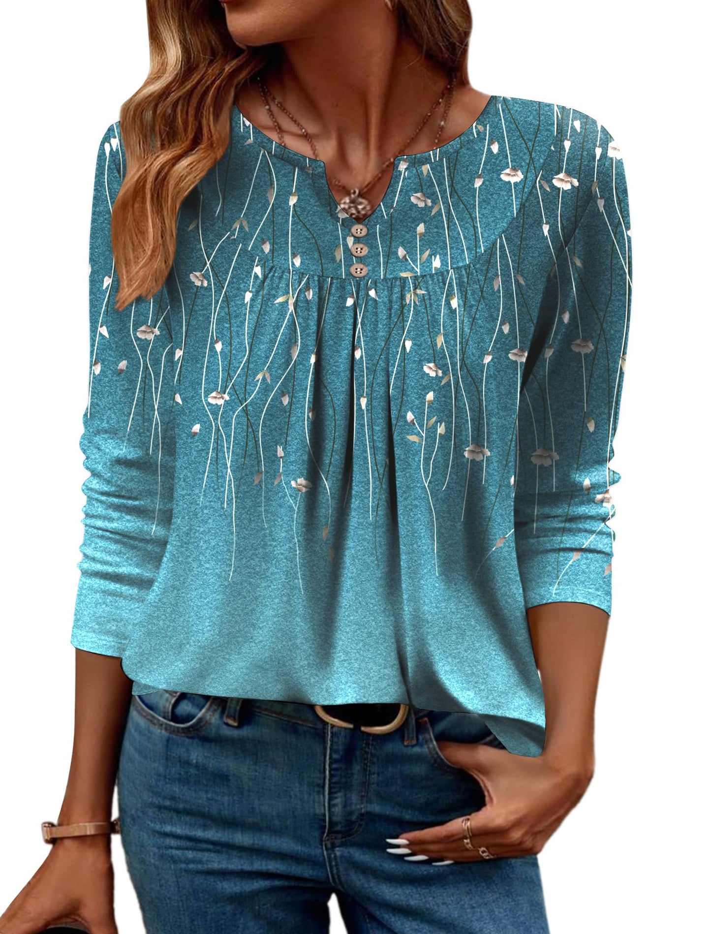 Women Long Sleeve V Neck Blouse - Casual Dressy Work Tunic Top with Pleated Detail 2025 Blue Green Leaf