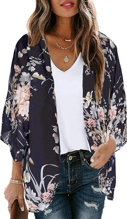 Floral Print Kimono Cardigan Women Puff Sleeve Cover Up Casual Blouse Loose Top Navy Blove