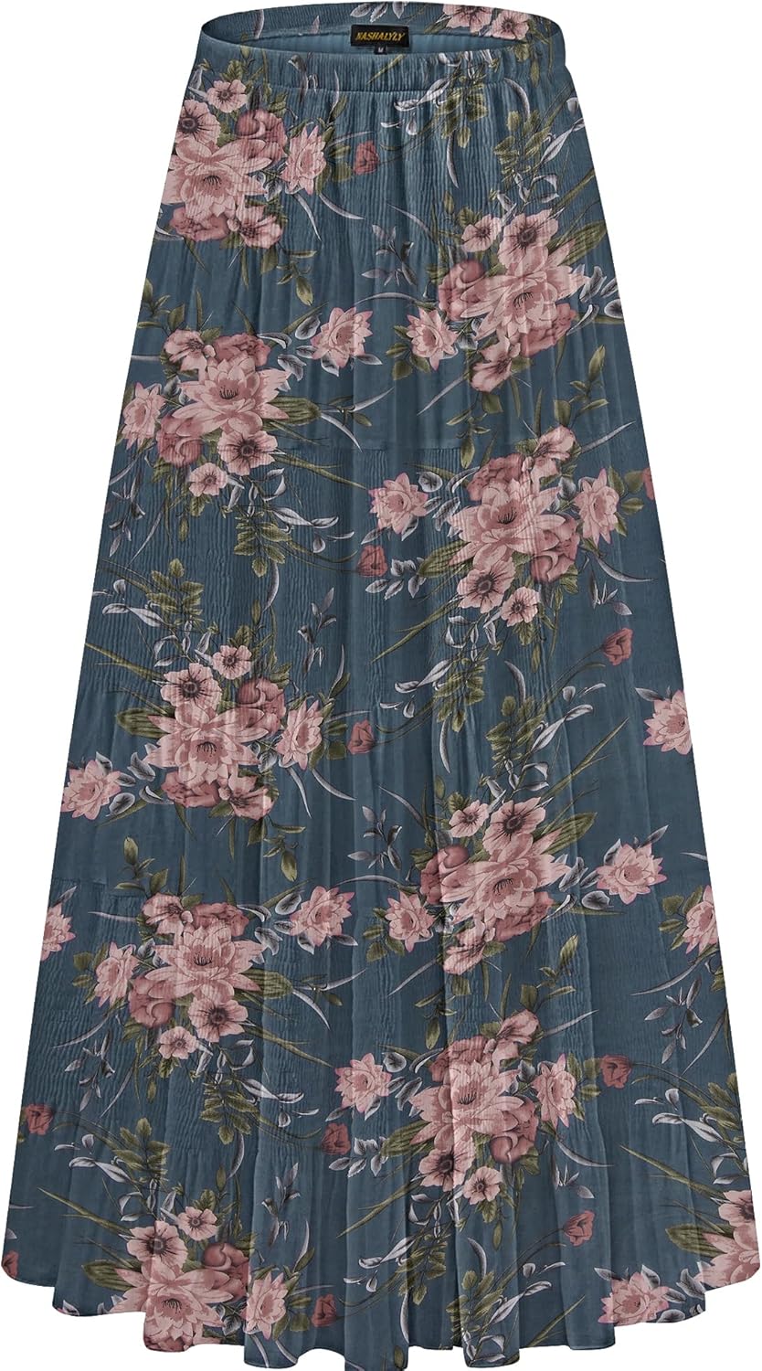 Chiffon Maxi Skirt for Women - High Waist Pleated A-Line Flared Long Skirt X-Large Blue Lotus Flower