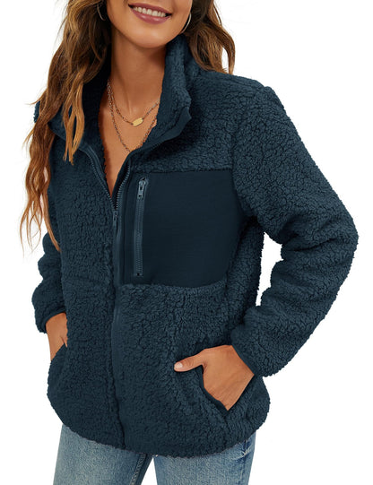 VVK Women's Fashion Faux Shearling Shaggy Full Zip Coats Warm Winter Patchwork Jackets with Pocket