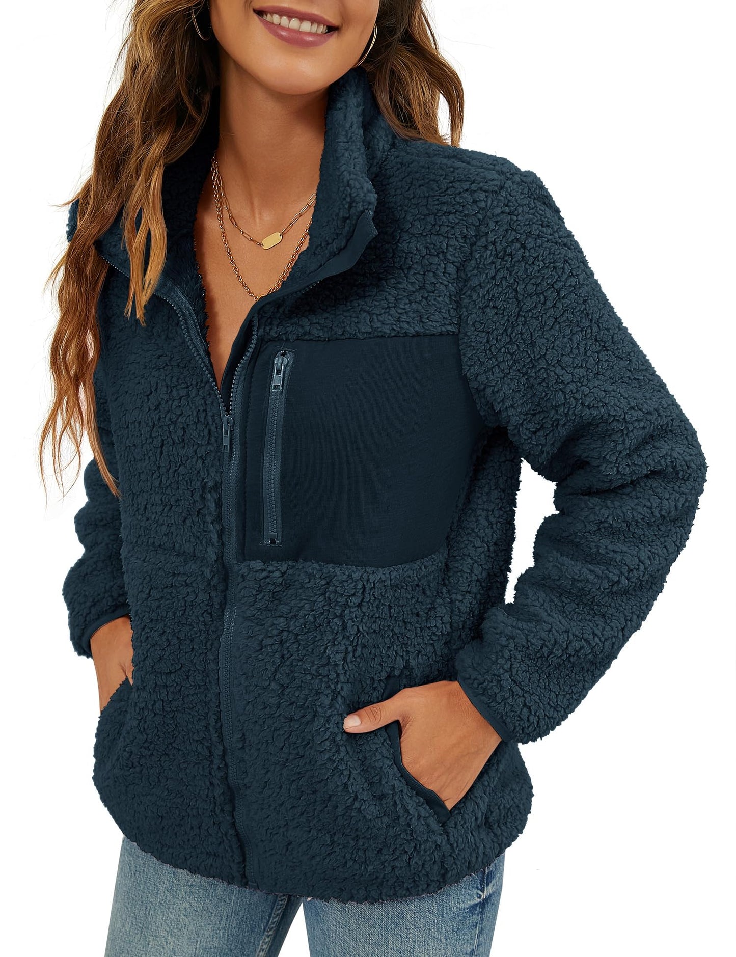 VVK Women's Fashion Faux Shearling Shaggy Full Zip Coats Warm Winter Patchwork Jackets with Pocket