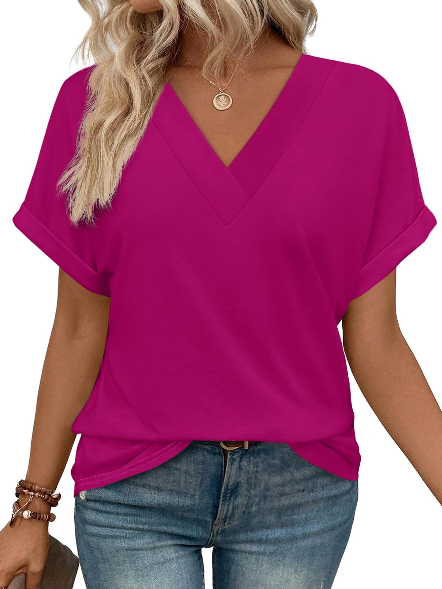 Womens Summer Tops V Neck Short Sleeve Shirts Casual Dolman Sleeve Fashion Blouse