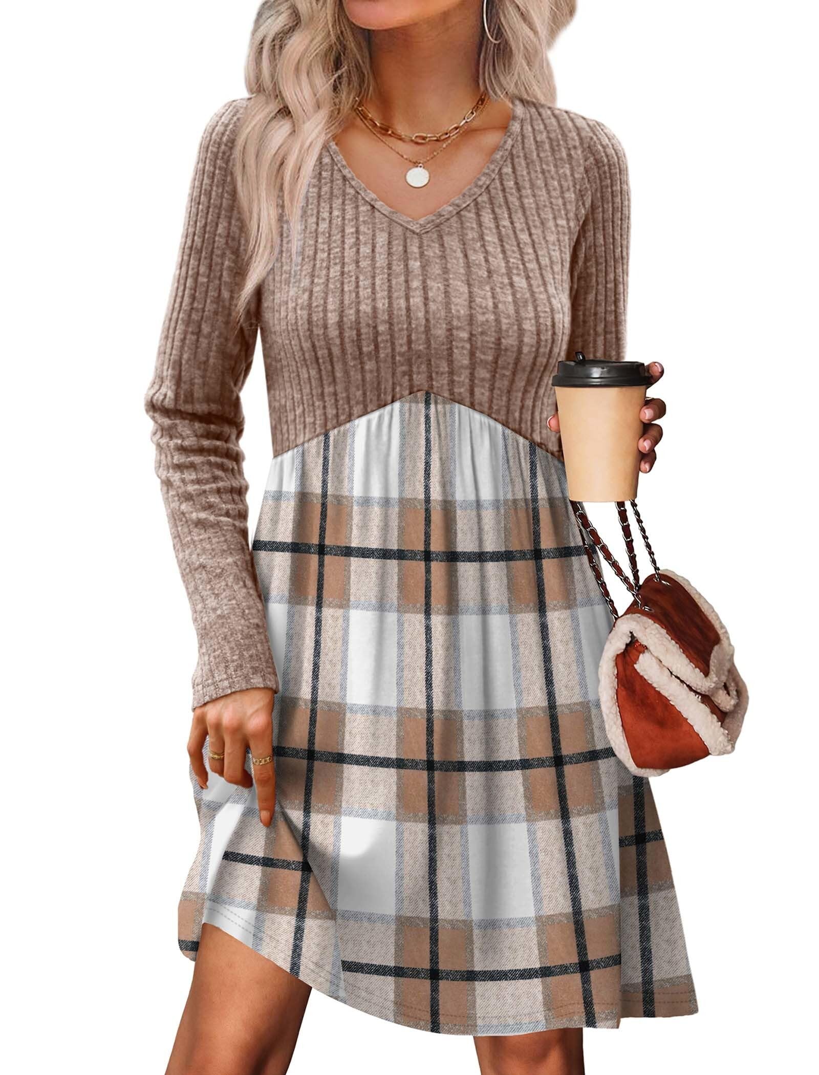 Women's Long Sleeve Sweater Dress - V Neck Empire Waist Babydoll Dress with Pockets