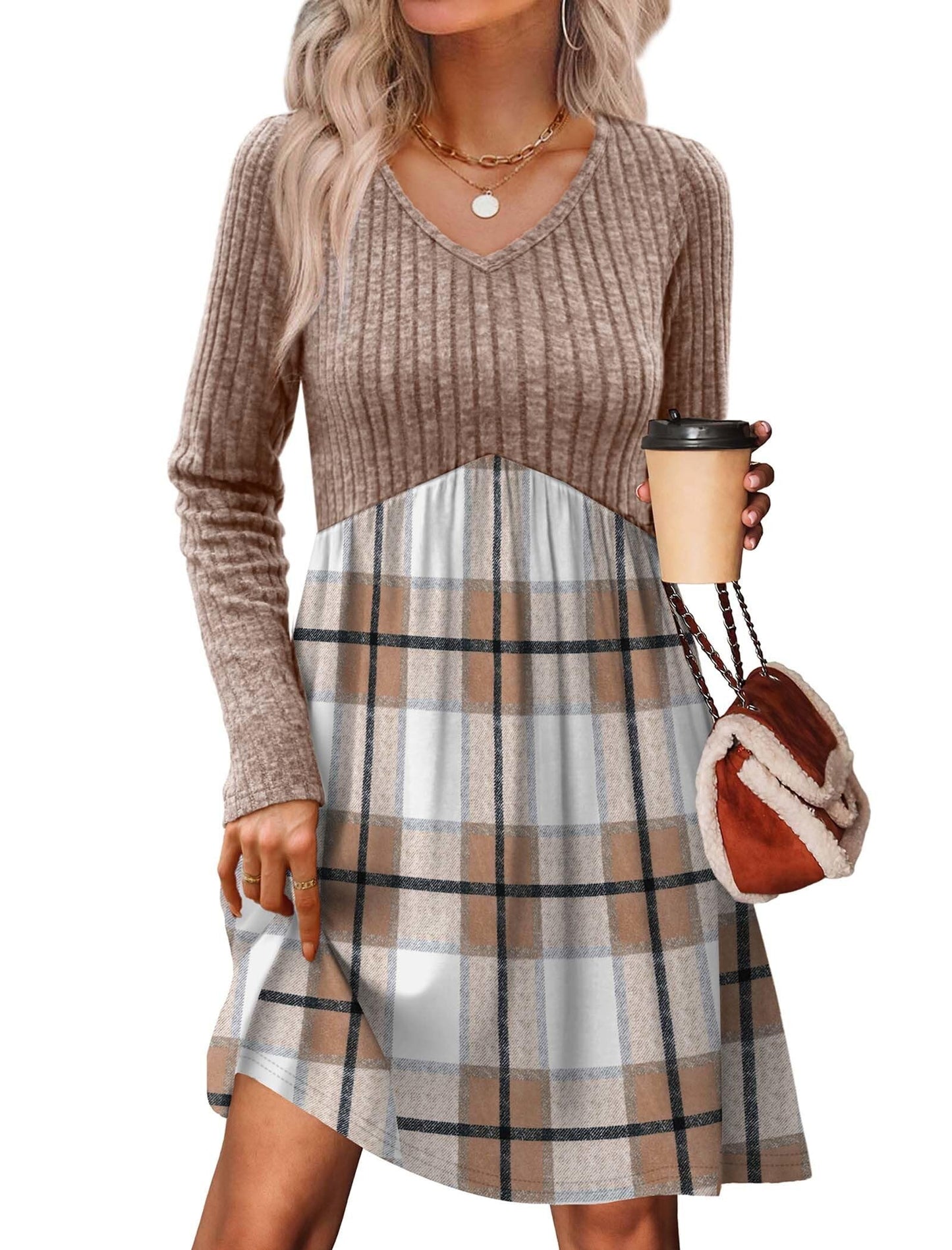 Women's Long Sleeve Sweater Dress - V Neck Empire Waist Babydoll Dress with Pockets T-yellow Brown Plaid
