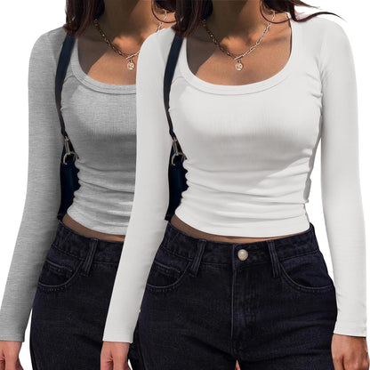 Women's Long Sleeve Scoop Neck Shirt Slim Fit Rib Knit Top XX-Large White and Light Grey