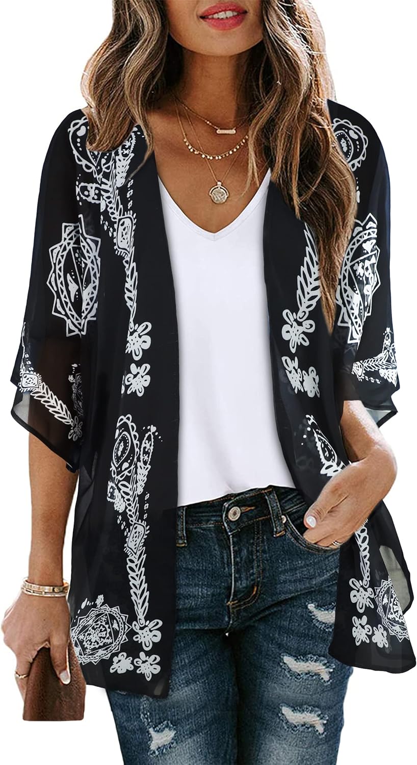 Floral Print Kimono Cardigan Women Puff Sleeve Cover Up Casual Blouse Loose Top Black