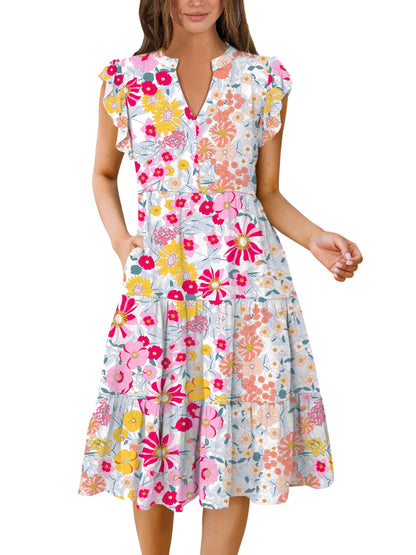 Blue Casual Dresses - Women's Summer Midi Dress - Ruffle Sleeve V-Neck Boho Beach Dress Multicolour Floral