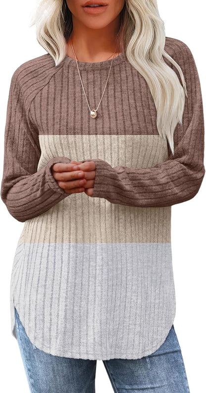 Women's Long Sleeve Tunic Tops - Loose Fit Crewneck Pullover with Curved Hem Color Block(coffee-apricot)