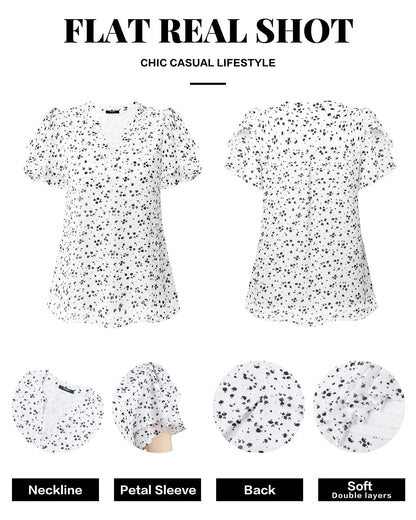 Polyester Blouses - Women's Chiffon Blouse V-Neck Puff Sleeve Summer Top for Work and Casual Wear