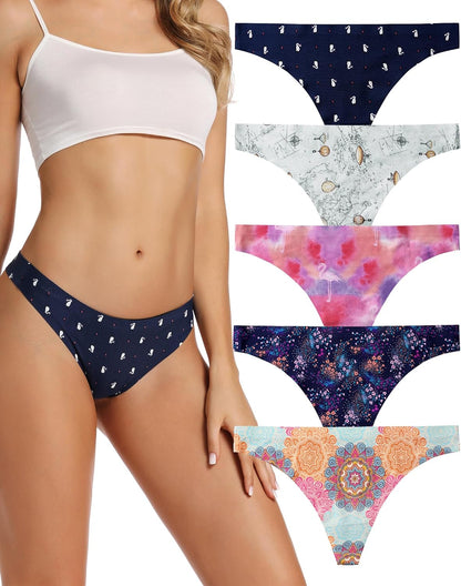 Women's Seamless Thong Underwear 5-Pack No Show Breathable Panties B-5 Pack Pattern Design