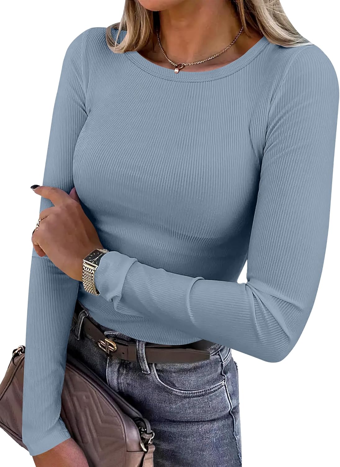 Women's Long Sleeve Rib Knit Shirt Slim Fit Crew Neck Basic Tee