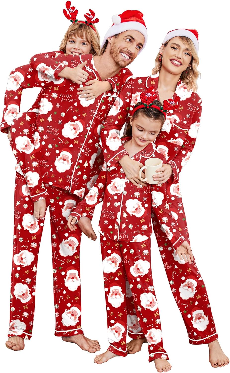 Christmas Family Matching Pajamas - Long Sleeve Button Down PJ Set Deep Red Santa Claus