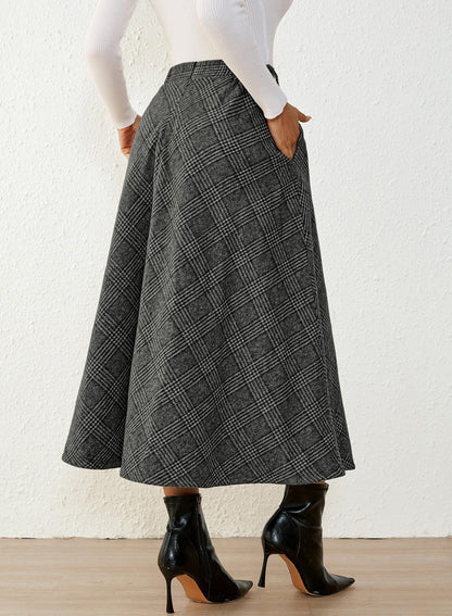 Women's Plaid Skirts - High Waist A-Line Midi Tartan Skirt with Pockets
