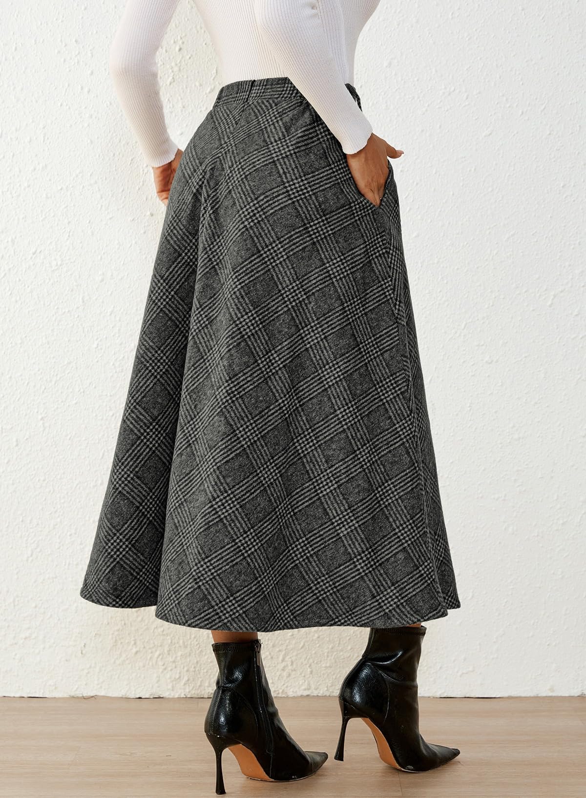 Women's Plaid Skirts - High Waist A-Line Midi Tartan Skirt with Pockets