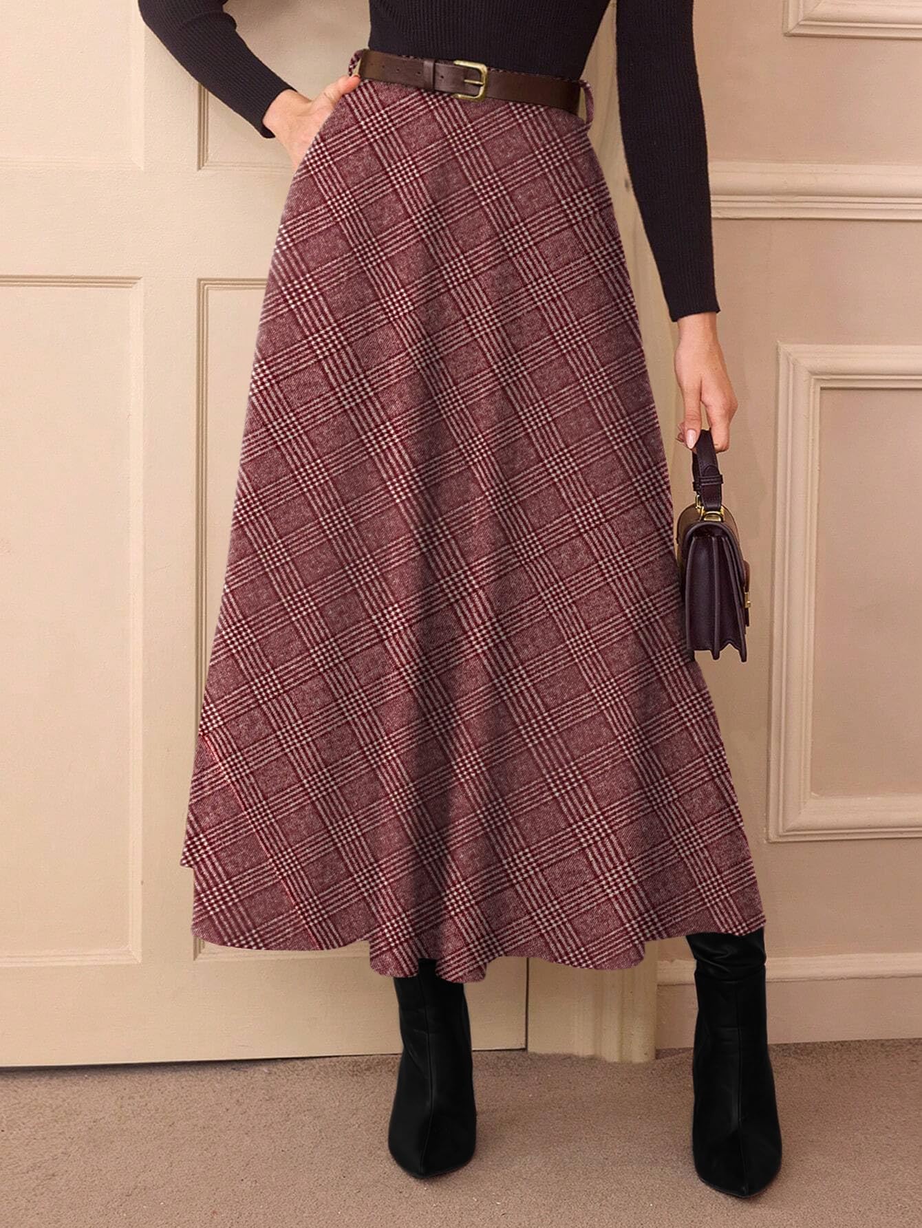 Women's Plaid Skirts - High Waist A-Line Midi Tartan Skirt with Pockets