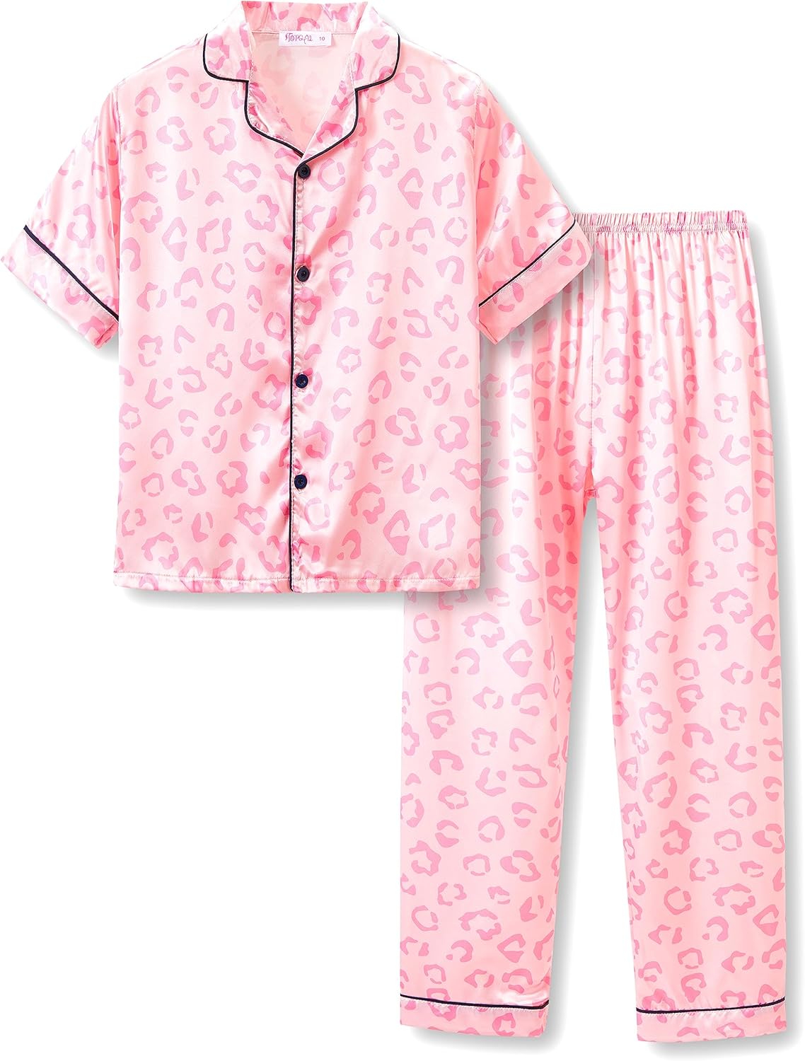 Girls Satin Pajama Set - Silky Button Down PJ with Shorts Size 6-16 Pink Leopard (Short Sleeve & Pants)