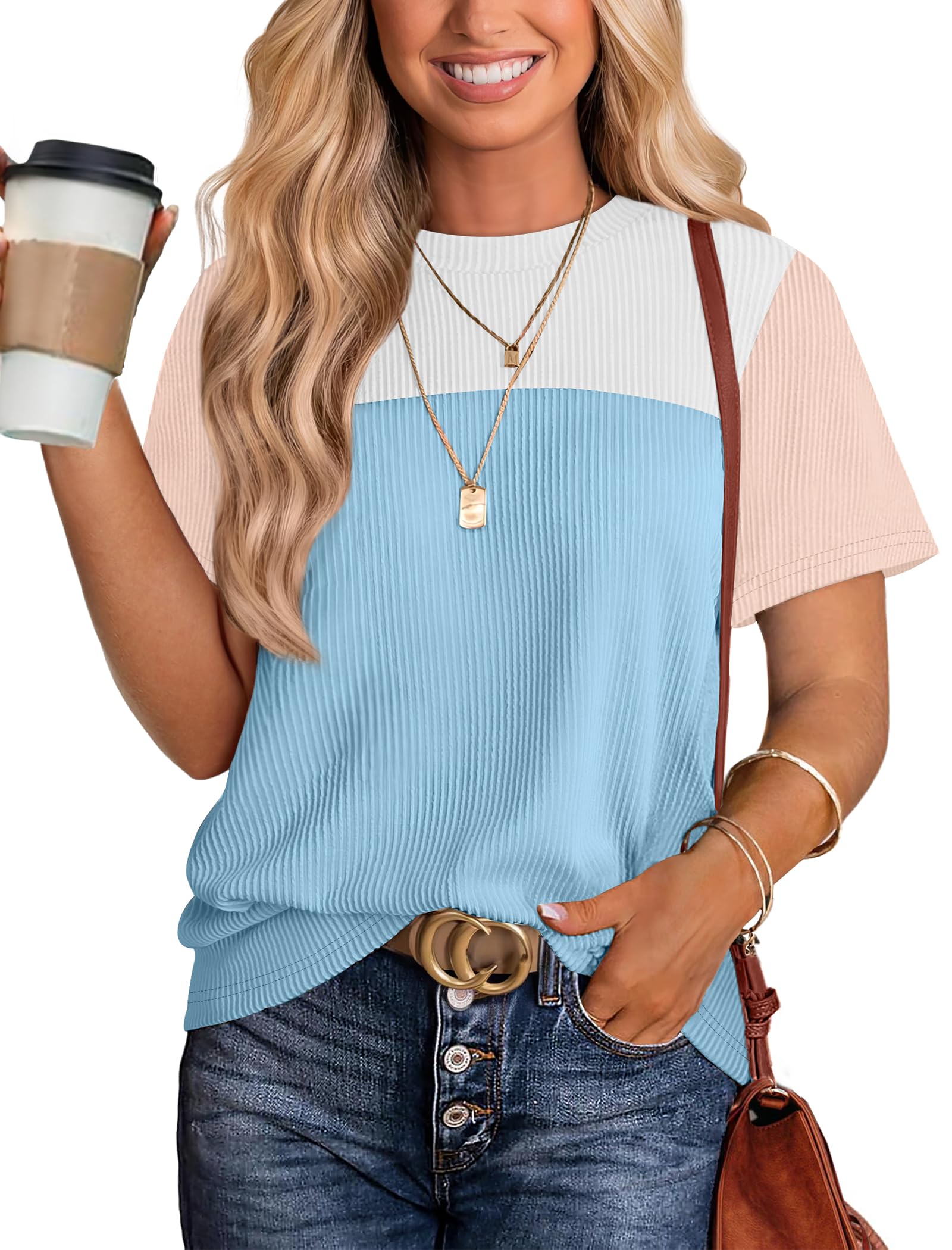 Women's Color Block Knit Shirt Short Sleeve Crewneck Top