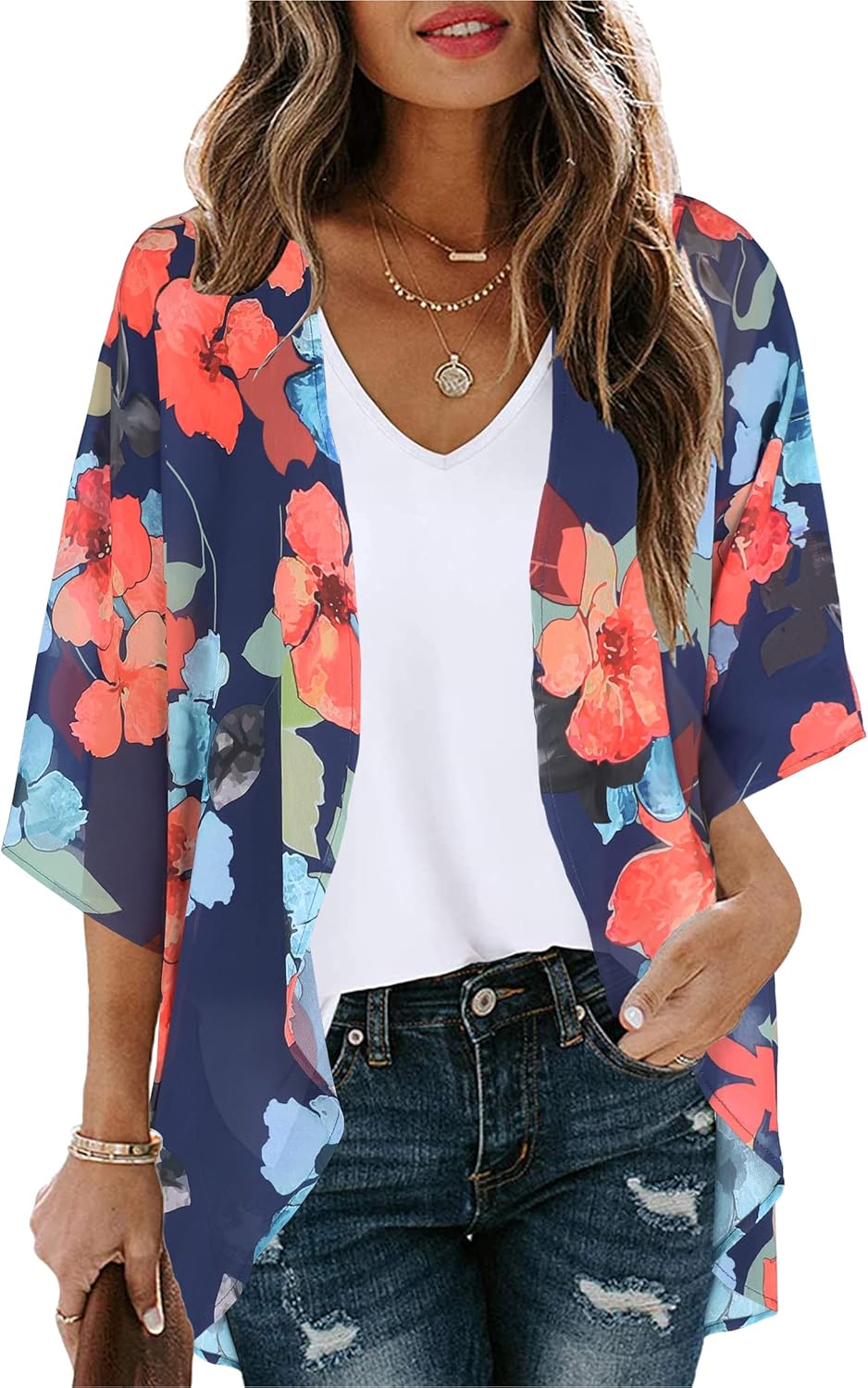 Floral Print Kimono Cardigan Women Puff Sleeve Cover Up Casual Blouse Loose Top