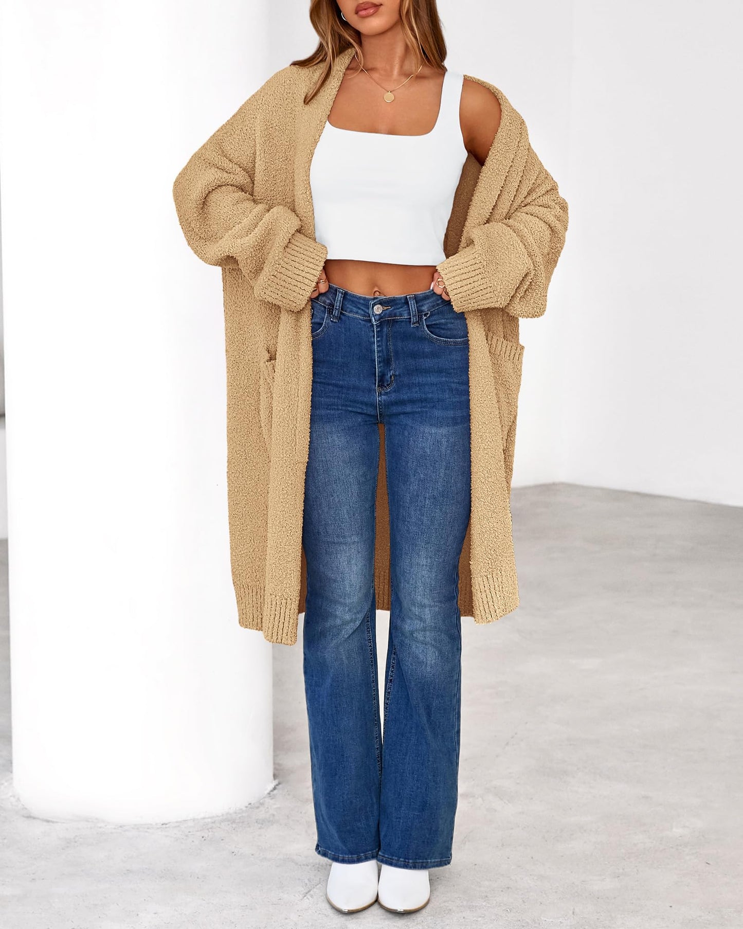 Women's Long Cardigan Sweater - Open Front Oversized Knit Coat with Pockets