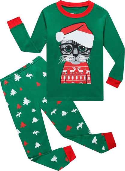 Kids Cotton Pajamas 2 Piece Set - Soft Sleepwear for Boys and Girls Christmas Cat