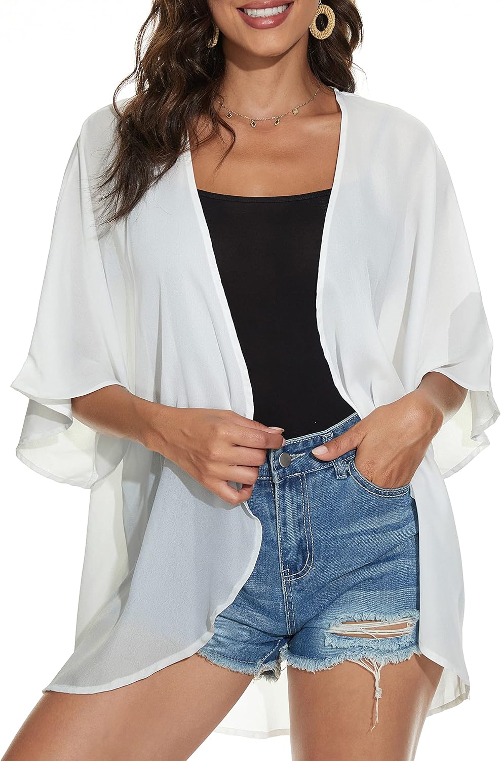 Floral Print Kimono Cardigan Women Puff Sleeve Cover Up Casual Blouse Loose Top