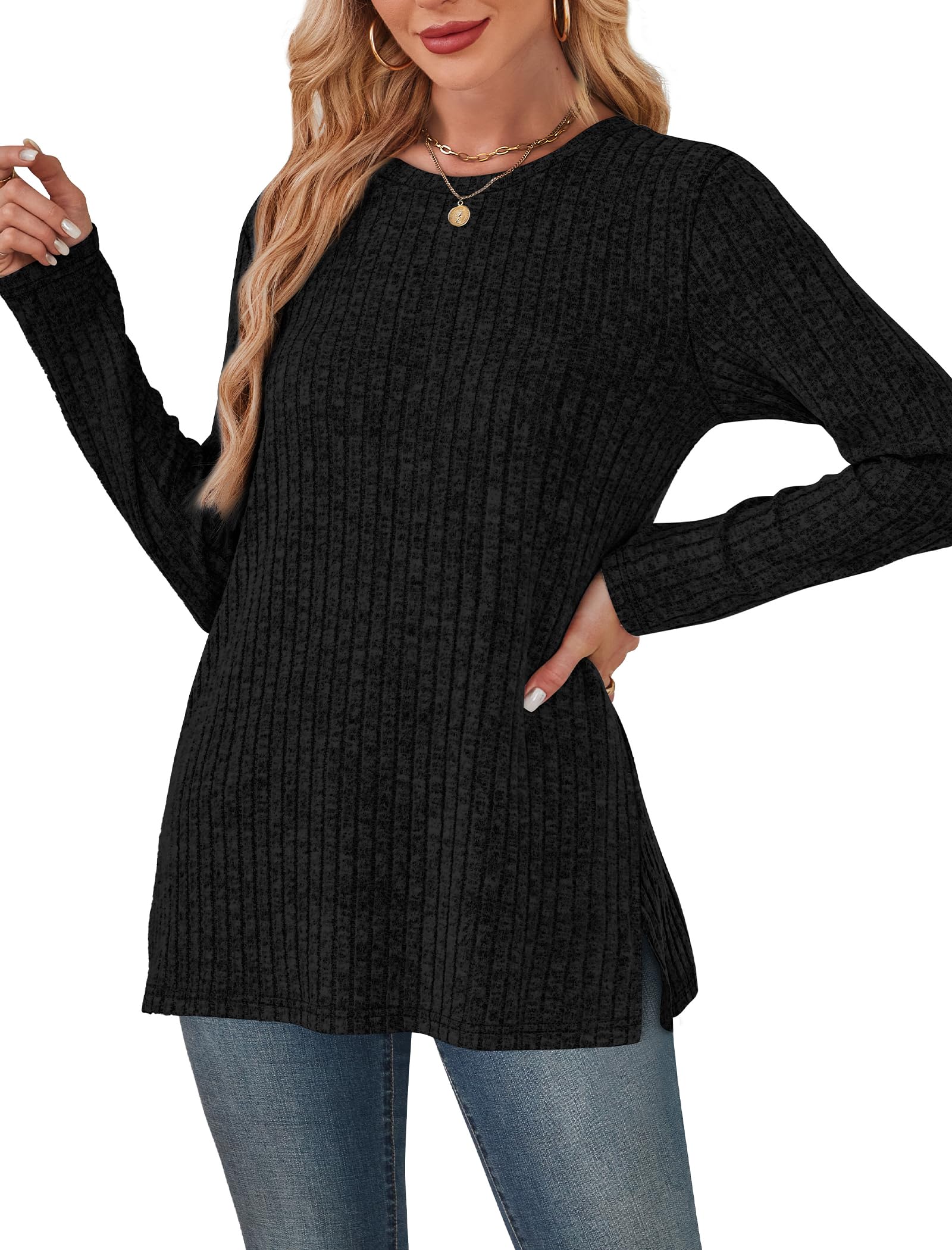 Women's Crewneck Sweater with Pockets - Long Sleeve Tunic Top with Side Slits