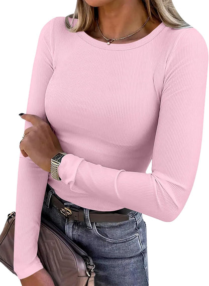 Women's Long Sleeve Rib Knit Shirt Slim Fit Crew Neck Basic Tee