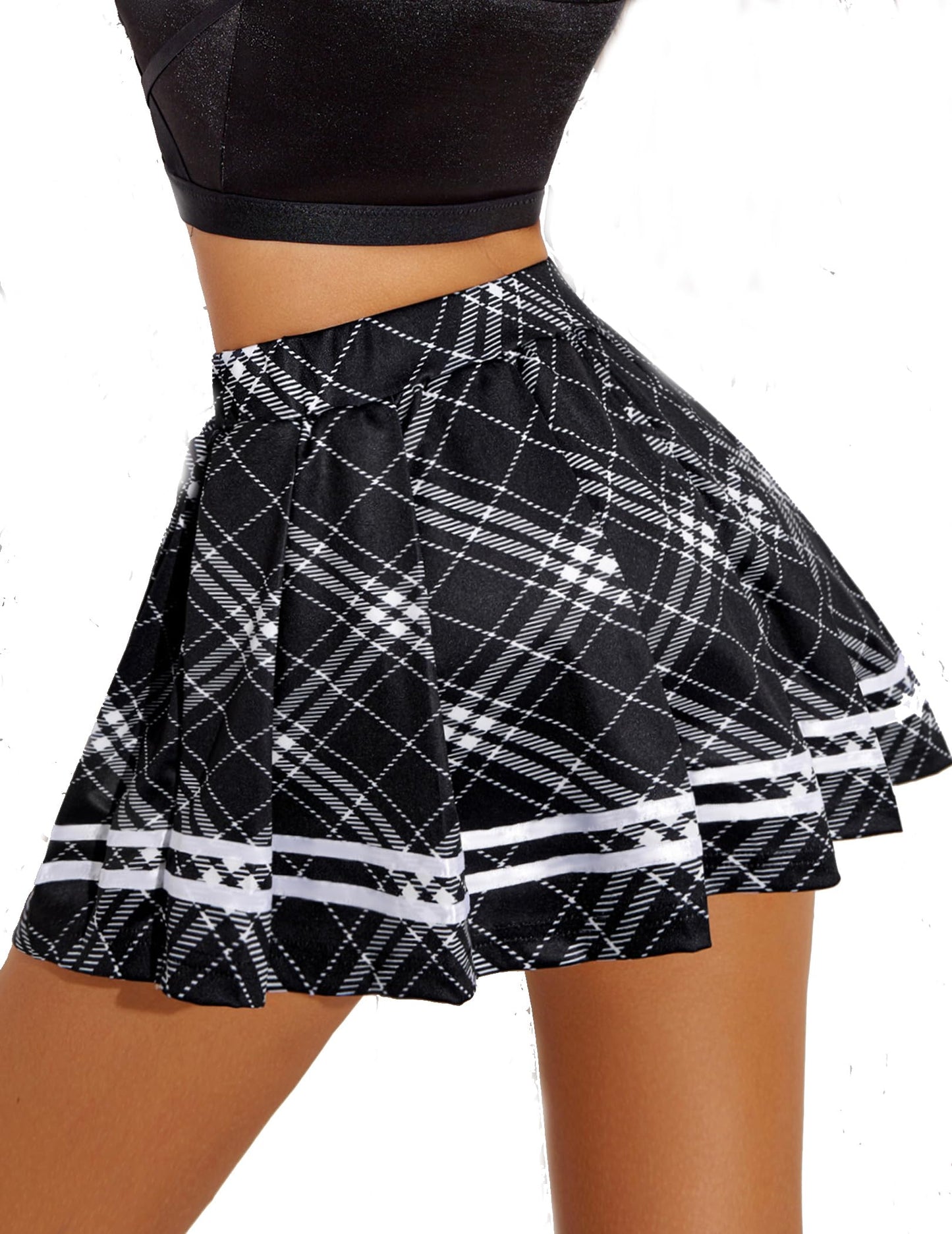 Women's Pleated Mini Skirt - High Waisted School Uniform Cheer Skirt with Elastic Waistband Black White Plaid