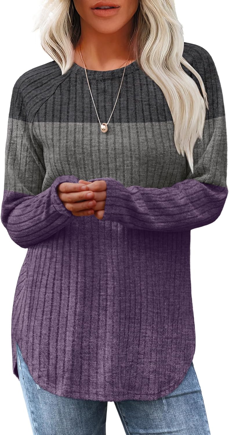 Women's Long Sleeve Tunic Tops - Loose Fit Crewneck Pullover with Curved Hem Color Block(grey-purple)