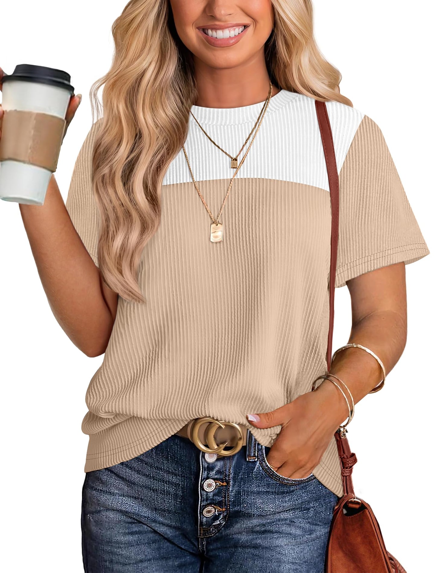 Women's Color Block Knit Shirt Short Sleeve Crewneck Top