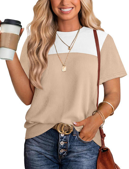 Women's Color Block Knit Shirt Short Sleeve Crewneck Top White Khaki