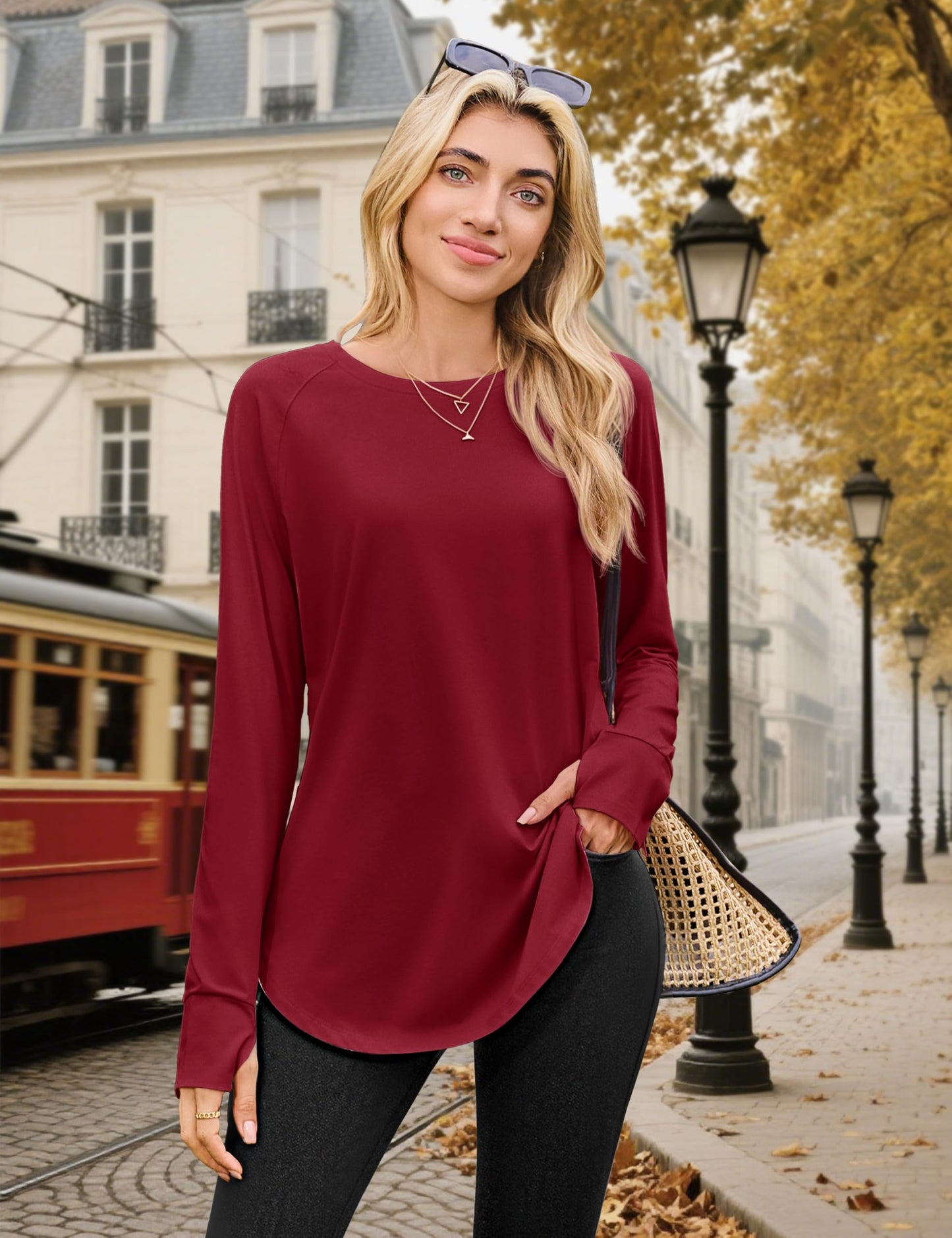 Women's Long Sleeve Tunic Top with Thumb Holes - Loose Fit Shirt for Leggings