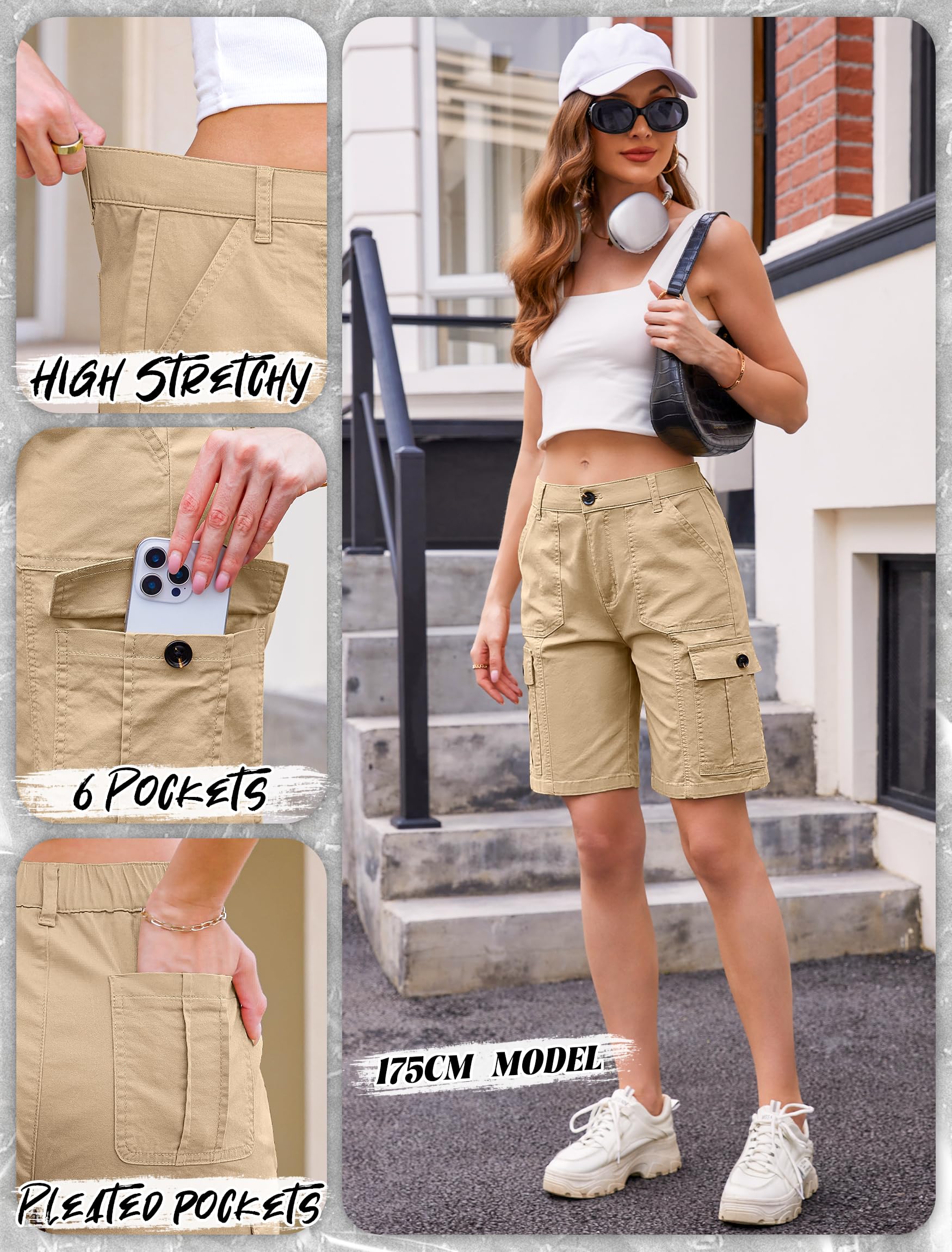 Women High Waisted Bermuda Cargo Shorts - 6 Pockets Stretchy Knee Length Summer Shorts