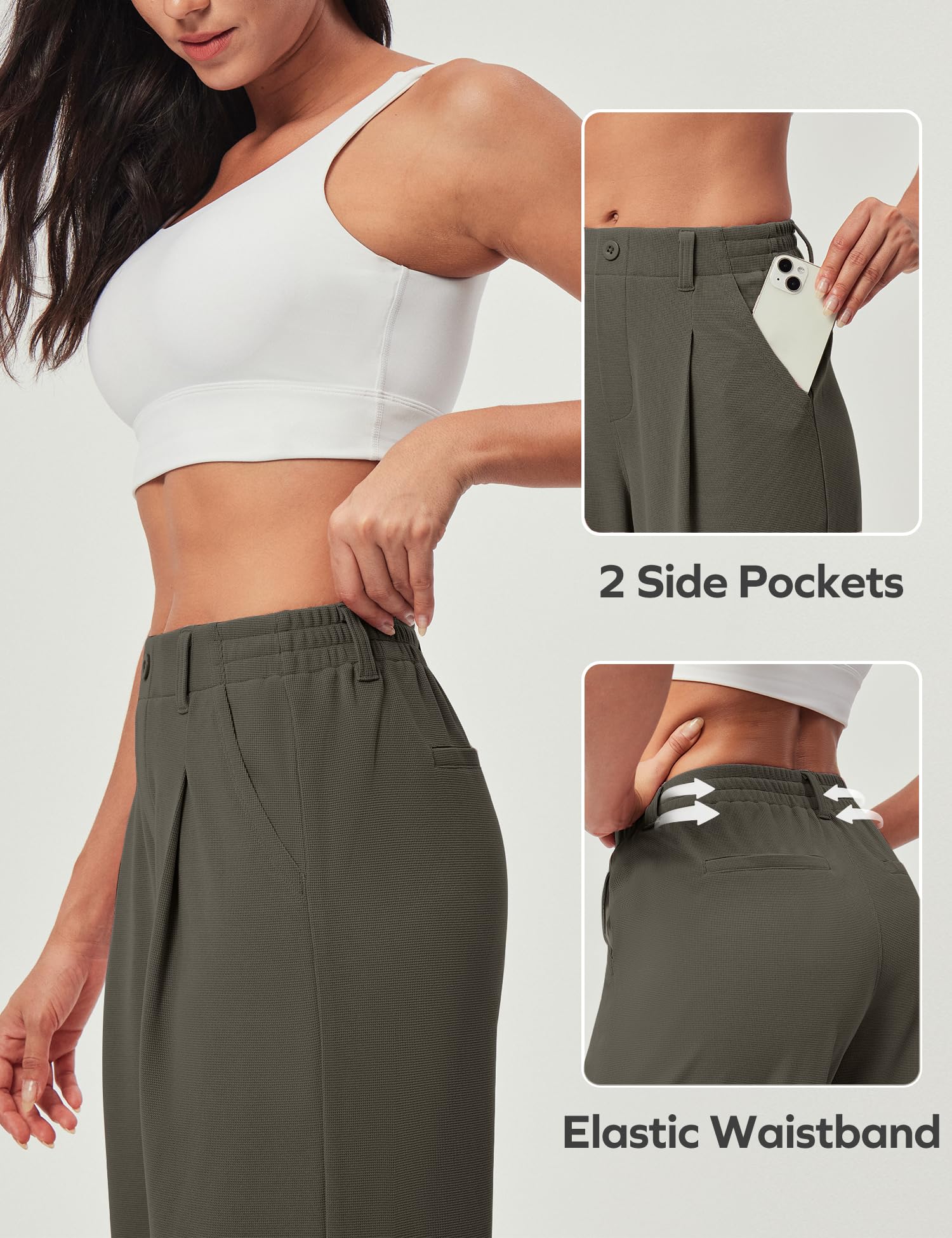 Women's Wide Leg Work Pants - Stretchy Pull-On Business Casual Trousers with Pockets