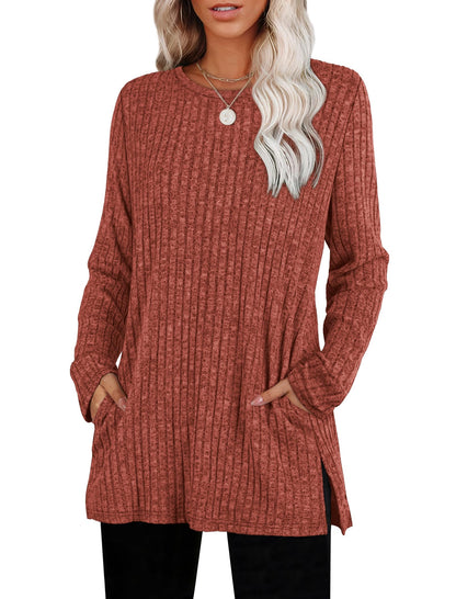 Women's Crewneck Sweater with Pockets - Long Sleeve Tunic Top with Side Slits