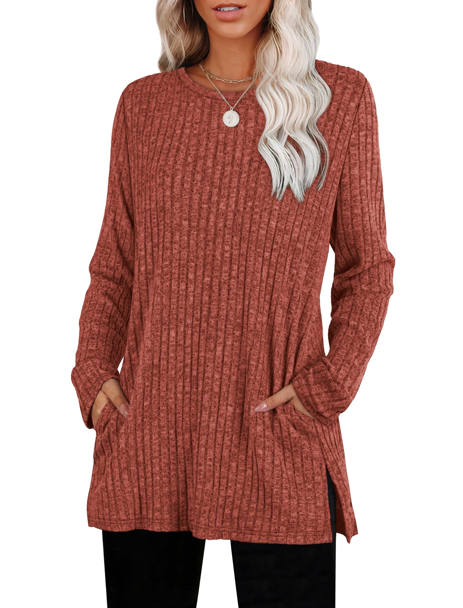 Women's Crewneck Sweater with Pockets - Long Sleeve Tunic Top with Side Slits