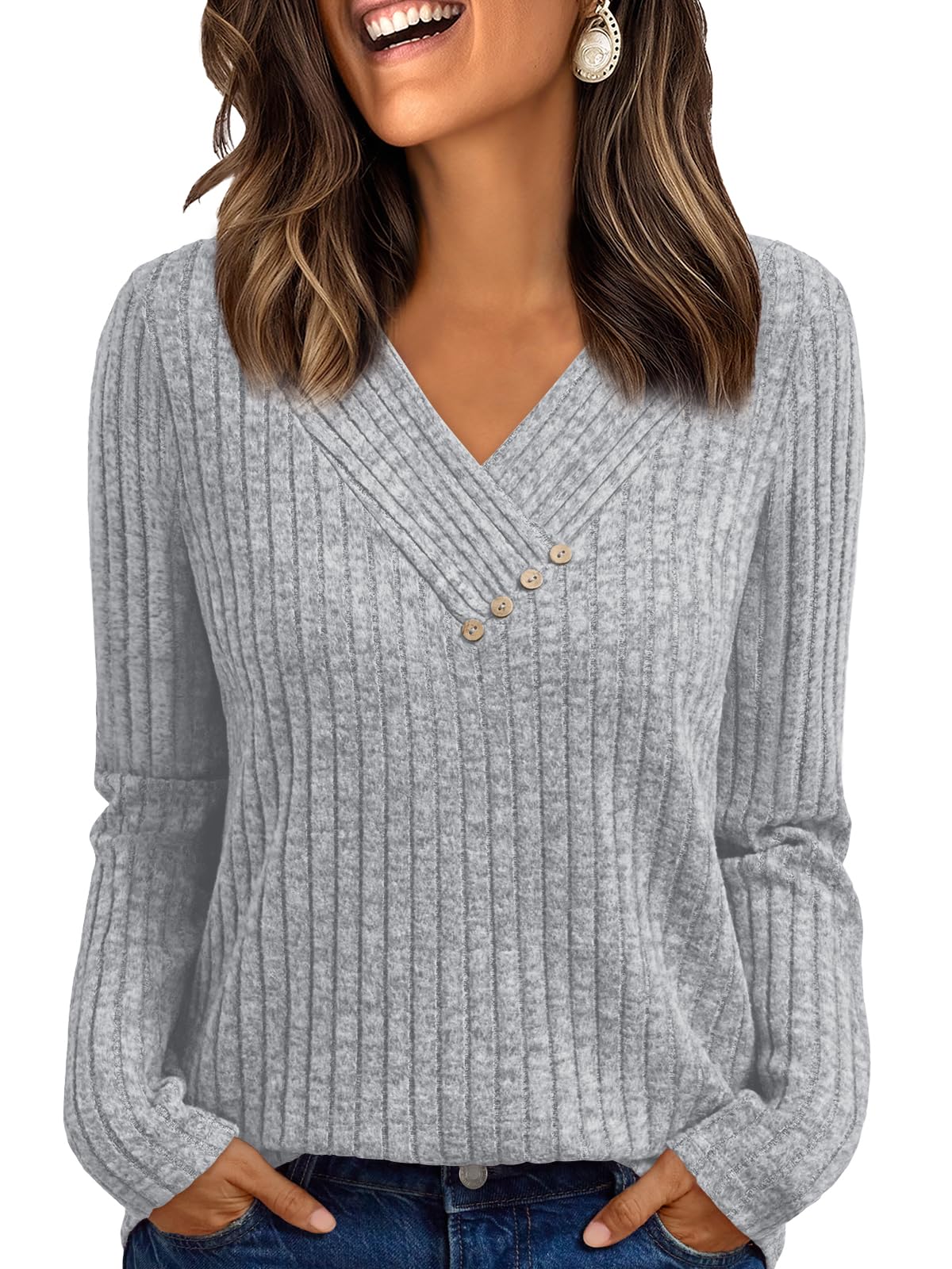 Women's Long Sleeve V Neck Tunic Tops - Dressy Casual Work Blouse Sweater