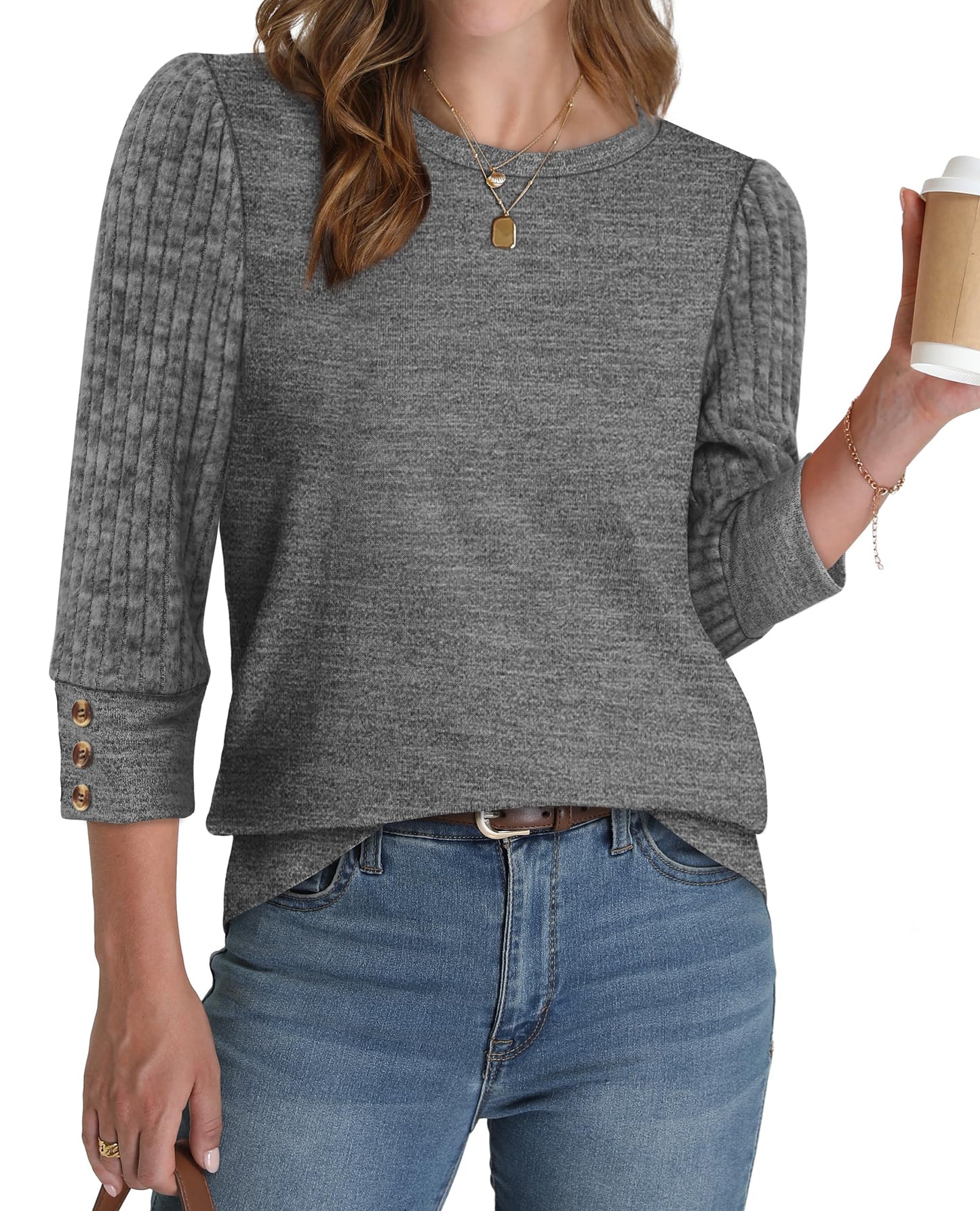 Women's Long Sleeve Shirts - Lightweight 3/4 Sleeve Sweaters with Buttons