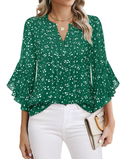Beautiful Blouses For Ladies - Women's 3/4 Sleeve Chiffon Blouse Dressy Business Casual Work Shirt Spotted Green