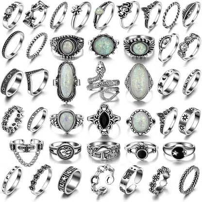 Vintage Silver Knuckle Rings Set 42 Pieces Adjustable Gothic Stackable Rings 42